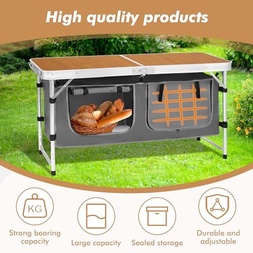Camp Field Camping Folding Aluminum Table with Adjustable Legs for Outdoor Travel Beach, Backyards, BBQ, Party and Picnic Foldable Table - color: Bamboo
