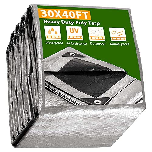Yescom 30X40FT 14-Mil Plastic Tarp Waterproof Heavy Duty Tarpaulin with Eyelets Reversible Tear Resistant Shade Canopy Farm Green House Pool Cover - color: 14mil-1pc-silver, size: 30X40 Ft