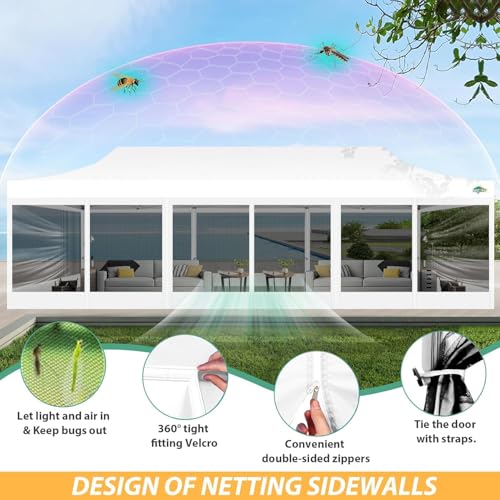 COBIZI 10x30 Pop Up Canopy with Sidewalls, Heavy Duty Canopy with Mosquito Netting, Easy up Screen Party Tents for Parties Backyard Outdoor Commercial Event Gazebo with Roller Bag, Sandbags, White - color: White, size: 10x30ft(standard)