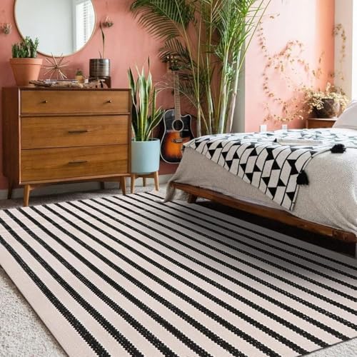 LEEVAN Black and White Striped Area Rug 3x5 ft Outdoor Patio Rugs Woven Washable Farmhouse Floor Carpet Front Porch Doormat for Bedroom/Courtyard/Laundry Room/Living Room - color: Black and White, size: 3' x 5' (Rectangular)