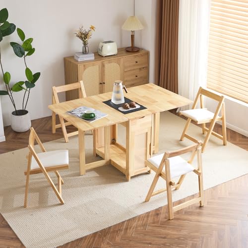 VINGLI 5-Piece Folding Dining Table Set, Extendable Drop Leaf Solid Wood Table with 4 Chairs, Drawers & Wheels, Space-Saving Design for Kitchen, Natural - color: Natural