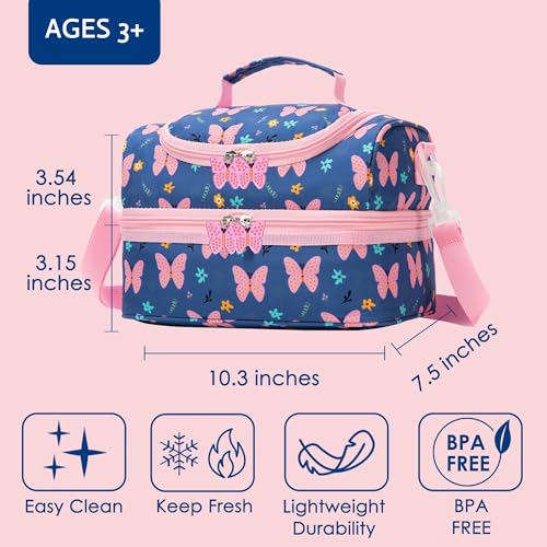 Insulated Kids Dual Compartment Lunch Bags Tote for Girls Boys Toddler Lunch Boxes Pre-School Toddler Kindergarten Picnic Camp Food Cooler Thermal with Strap (ZPINK‌BTFLY) - color: ZPINK‌BTFLY