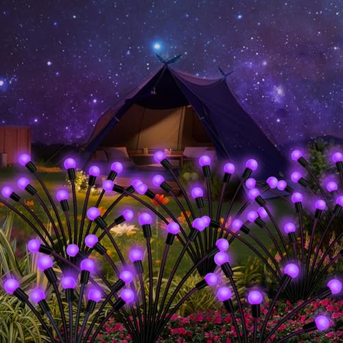 Solar Garden Lights Outdoor, 2 Pack 16 LED Solar Purple Firefly Lights Waterproof, Starburst Wind Swaying Light for Outside Yard Patio Planter Flower Bed Walkway Halloween Christmas Decoration - color: Purple, size: 2 pack