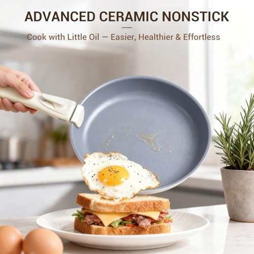Ammeloo 18-Piece Ceramic Pots and Pans Set Non Stick, Non Toxic Cookware Set with Removable Handles, Pot Sets for Cooking, Induction Ready, Dishwasher & Oven Safe, PFAS PFOA & PTFE Free (Cream White) - color: Cream White