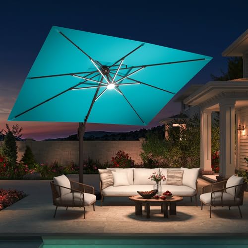 10 X 13 FT Cantilever Patio Umbrella with Led Lights Outdoor Rectangle Offset Large Double Top Heavy Duty Umbrellas with 360°Rotation for Pool Deck Backyard Garden, Turquoise - color: Turquoise, size: 10×13 Ft Without Base
