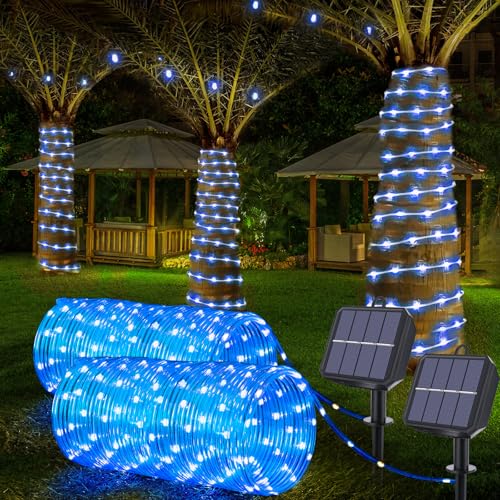 Solar Rope Lights, 2 Packs Total 132ft 400LED Solar String Lights, 8 Modes Waterproof Solar Powered Outdoor Light, Flexible Clear Tube Light for Garden Backyard Patio Deck Porch Tree Xmas Decor - Blue - color: Blue, size: 2*66ft