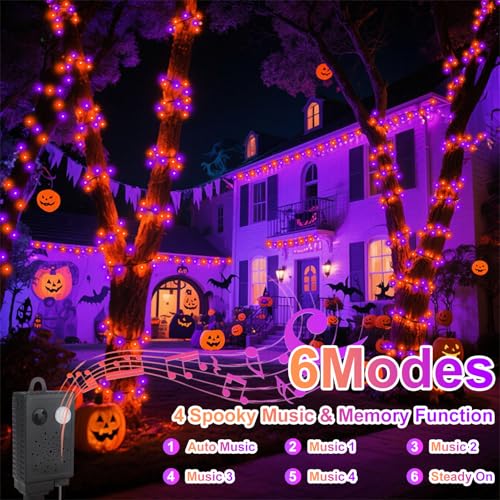 echosari Connectable 400 LED Halloween String Lights, Motion Sensor Scary Sound 66Ft Orange and Purple Halloween Lights Outdoor Waterproof 4 Sound Effects for Yard Party Tree Decor - color: Orange Purple