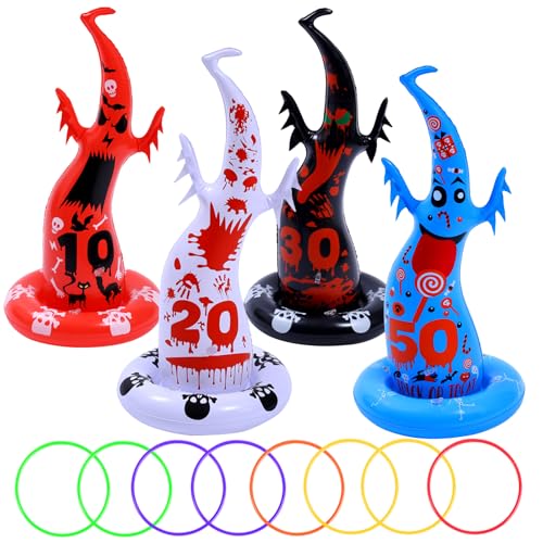 10PCS Halloween Games Inflatable Witch Hat Ring Toss Game, Halloween Games Party Favors with 6 Rings and Pump Decorations Gifts