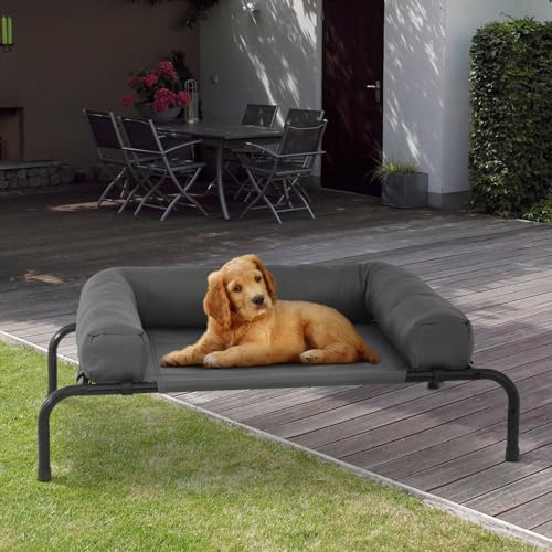 MoNiBloom Outdoor Elevated Dog Bed w/Removable Bolster, Portable Raised Outdoor Dog Bed with Stable Anti-Slip Feet & Breathable Mesh, 35.5 Inches Length, Dark Gray - color: Dark Gray, size: 35.5"L
