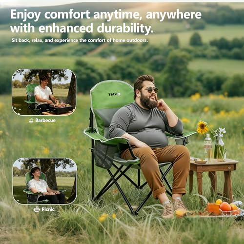 XMT Extra Wide Armrests Portable Folding Chair with Cup Holder Cooler Bag Heavy Duty 600D Oxford Fabric Supports 450lbs Compact Foldable Camping Chair for Outdoor Beach Picnic Sports - color: 02-green