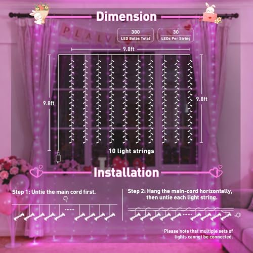 JMEXSUSS 300 LED Curtain Lights Plug in with Remote, Pink String Lights for Bedroom, Christmas, Window, Wall, Party, Teen, Girls' Room, Dorm, Valentine's Day Indoor Outdoor Decor, 9.8X9.8ft - color: Pink, size: 300 LED