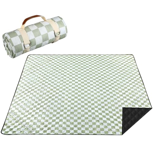 Nuanchu Checkered Picnic Blanket Extra Large Outdoor Blanket Sandproof 80"x80" Waterproof Portable Machine Washable 3 Layer Thick Gingham Picnic Mat for Beach Camping Park Grass Travel(Grass Green) - color: Grass Green