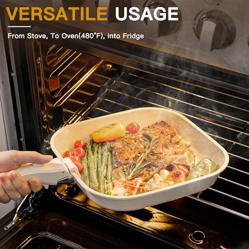 Astercook 23 Pcs Pots and Pans Set Non Stick, Ceramic Cookware Set Detachable Handle, RV Kitchen Cooking Set Removable Handles, Oven Safe, Induction Ready, Stackable, Cream White, Mothers Day Gifts