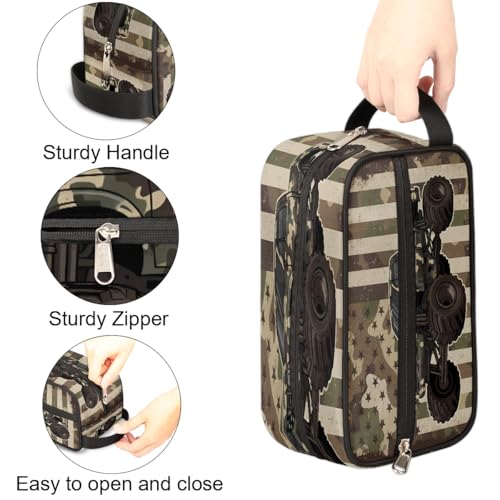 Travel Toiletry Bag for Boys Kids - Monster Truck Camo Flag Waterproof Hanging Cosmetic Hygiene Bags Lightweight Large Shave Kit for Toiletries Accessories Bathroom Stuff, Gifts for Men - color: Camouflage Monster Truck American Flag