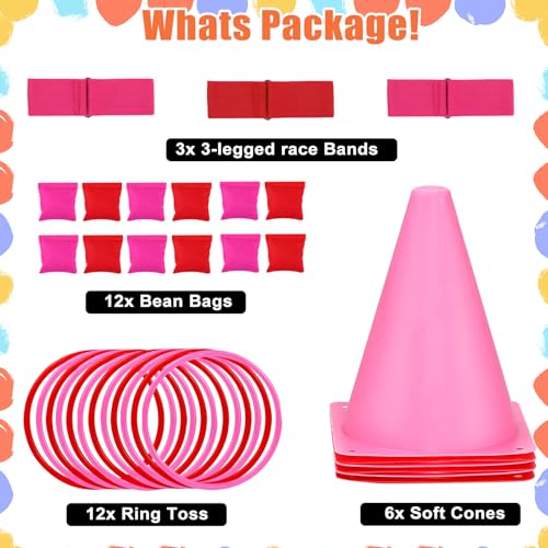 33pcs 4 in 1 Valentines Day Games for Kids with Ring Toss, Plastic Cones, Bean Bags, 3-Legged Race Bands, Carnival Valentine's Games Activity Combo Set for Kids Classroom Indoor Outdoor Party Yard - color: Valentine's Pink