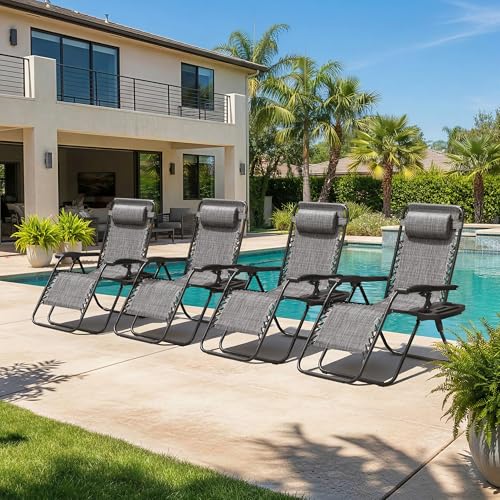 Homall Zero Gravity Chair Patio Folding Lawn Outdoor Lounge Reclining Chair with Cup Holder Pillows for Poolside Backyard and Beach Set of 4 Double Grey - color: Double Grey, size: 4 PCS