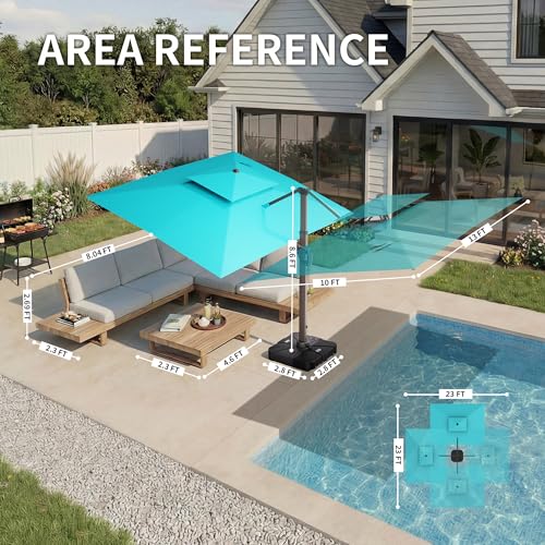 10 X 13 FT Cantilever Patio Umbrella with Led Lights and Base Included Outdoor Heavy Duty Double Top Rectangle Offset Umbrellas with 360-degree Rotation for Pool Deck Backyard, Turquoise - color: Turquoise, size: 10' X13'-Weighted Base Included