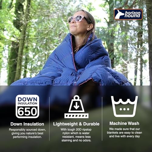 Horizon Hound Down Camping Blanket 650 Fill Power - Ultralight Backpacking Quilt (1lb 6oz) Warm & Water-Resistant 20D Nylon Shell for Outdoors, Camping, Hiking, Travel, & Stadium - Packable - color: Midnight Blue