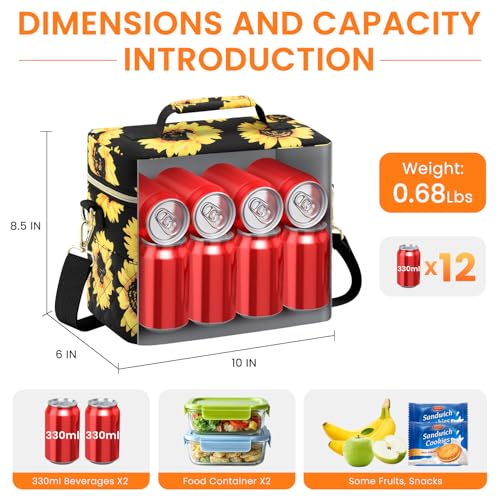 Tenot Insulated Lunch Box for Women Reusable, Leak Proof Cooler Lunch Bag Women for Work Stylish Quilted Lunch Tote Bag for Adult Picnic Travel Hiking Sunflower Floral - color: Sunflower Floral