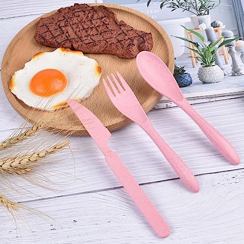 Forks Spoons Knife Set, 21 Pieces Wheat Straw Cutlery Set, Reusable Utensil Set for 7, Unbreakable and Lightweight Utensils for Party, Travel, Work, Lunch, Picnic, Camping or Daily Use (Pink) - color: Pink