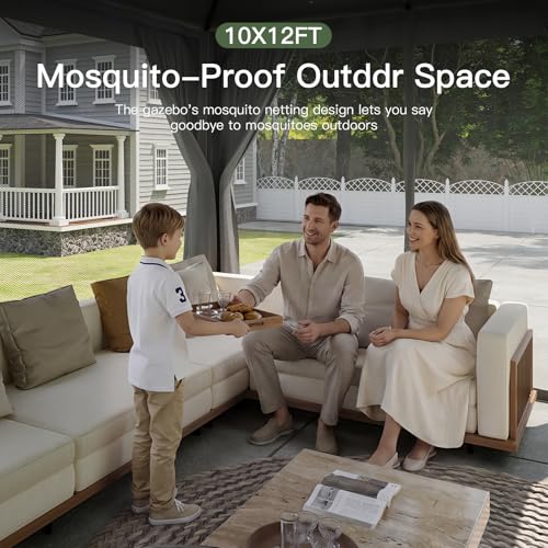 Aoxun Outdoor Gazebo for Patio 10x12, Metal Frame Canopy with Double Roofs, Heavy Duty Party Tent and Shelter with Mosquito Netting and Privacy Screen for Backyard, Lawn, Garden, Deck - color: Gray, size: 10 X 12
