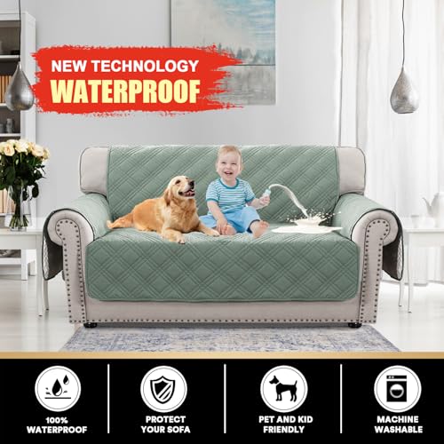 PrinceDeco 100% Waterproof Loveseat Covers for 2 Cushion Couch Sofa Covers Waterproof and Washable Sofa Slipcover with Side Pocket Furniture Protector with Elastic Straps(Loveseat 48", Lily Pad) - color: Lily Pad, size: Loveseat