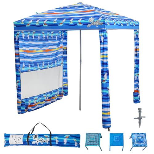 Jihfmo Beach Cabana, 6.2'×6.2' Beach Canopy with Side Wall, UPF 50+ UV Protection Easy Setup Tent Sun Shelter with Sand Pockets for Whole Family(Summer Sailboat) - color: Summer Sailboat