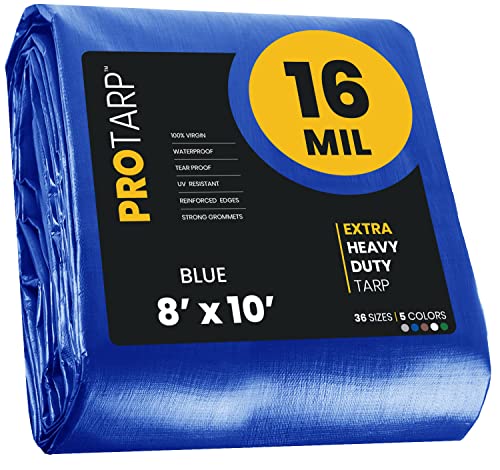 Extra Heavy Duty 16 Mil Tarp Cover, Waterproof, UV Resistant, Rip and Tear Proof, Poly Tarpaulin with Reinforced Edges for Roof, Camping, Patio, Pool, Boat. (Blue 8′ X 10′) - color: Blue-16 Mil, size: 8′ X 10′