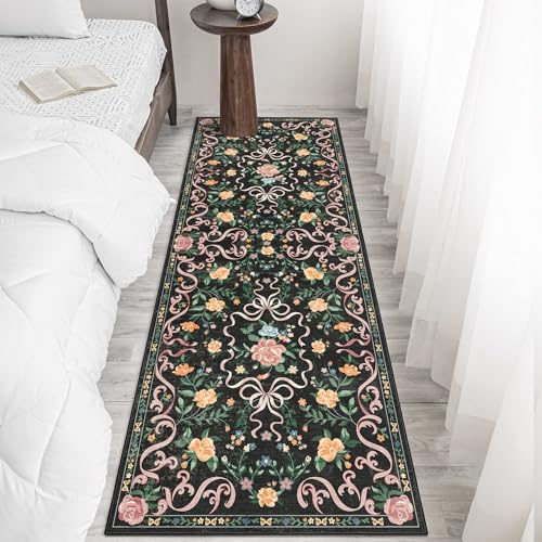 Washable Non-Slip Runner Rugs 2X6, Black Rug Boho Farmhouse Bow Floral Area Rug for Hallway Kitchen Bedroom Beside Laundry Room Bathroom Rug, Low Pile Stain Resistant Soft Floor Carpet - color: Aa#black(bow Floral), size: 2' x 6' (Rectangular)