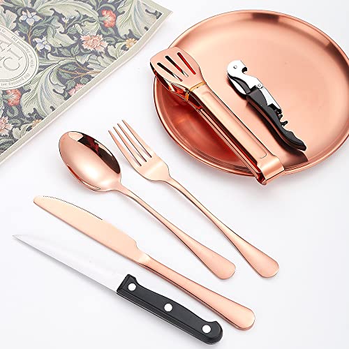 Picnic Tableware Set Camping Dinnerware Copper/Rose Gold Silverware and Plates Kit for 4 Portable Utensils Stainless Steel Dishes Spoons Forks Knives Bottle Opener Food Tongs - size: 20, style: Copper/Rose Gold Camping Flatware