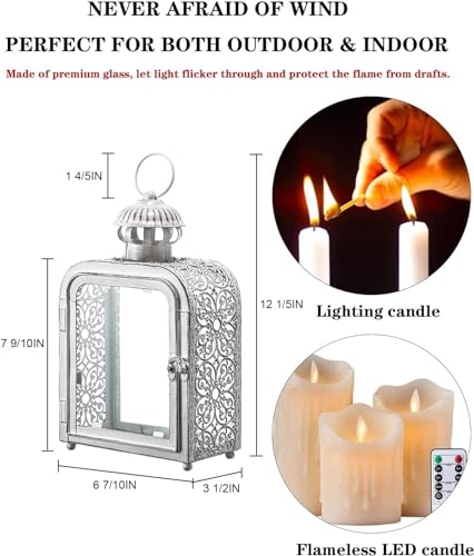 Candle Lantern Decorative Indoor & Outdoor, Vintage Metal Lanterns with Clear Glass, Tabletop&Hanging Candle Holders for Patio Front Porch Home Decor, Halloween Christmas Decorations (White) - color: White