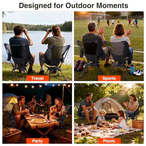 Trakiom 360° Swivel Folding Camping Chairs, Compact and Portable Chair for Outdoor Camp, Foldable Chairs with Anti-Sinking Large Feet for Travel, Beach, Picnic, Sports, Fishing Support 300 LBS(Black)