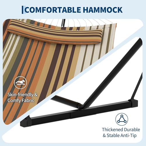 2 Person Double Hammock with Stand & Pillow, 450 LBS Heavy Duty Outdoor Hammock with Balance Rope for Patio Backyard Poolside - color: K-dark Gery