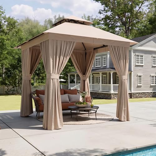 AOXUN Outdoor Gazebo for Patio 8x8 Metal Frame Canopy with Double Roofs Heavy Duty Party Tent and Shelter with Mosquito Netting and Privacy Screen for Backyard, Lawn, Garden, Deck (Khaki) - color: Khaki, size: 8 X 8