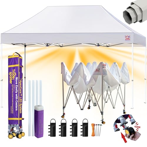 Tradesparker 8x12 Pop Up Canopy Tent,Commercial Movable Canopy with ApexCore LED&Rugged Casters-Instant Easy Setup Shelter Canopies with Weight Bags&Stakes for Outdoor Events Markets Vendors,White - color: White, size: 8x12
