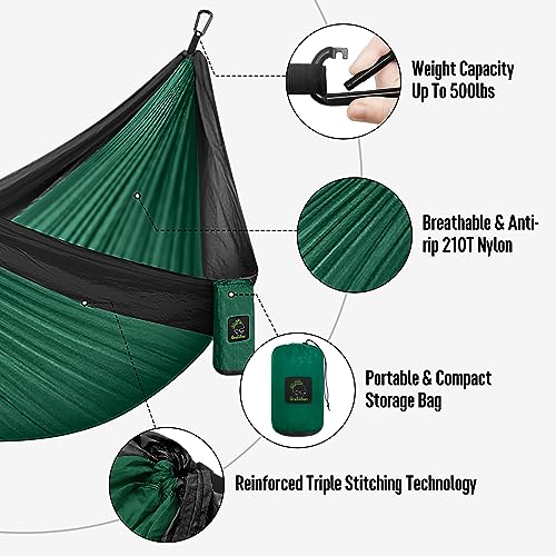 Grassman Camping Hammock Double & Single Portable Hammock with Tree Straps, Lightweight Nylon Parachute Hammocks Camping Accessories Gear for Indoor Outdoor Backpacking, Travel, Hiking, Beach - color: Dark Green & Black, size: One Person