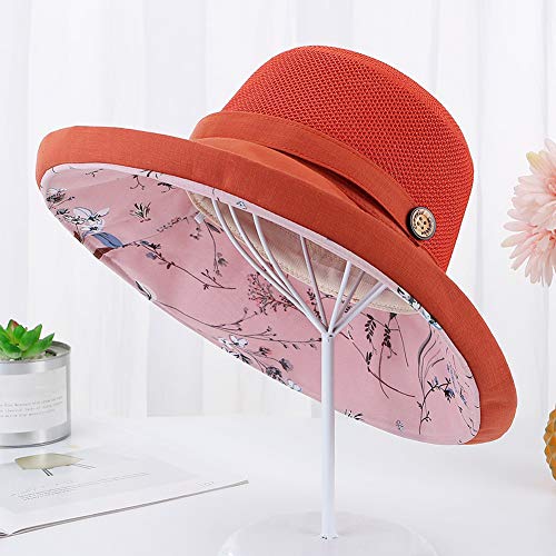 Women Mesh Sun Hats Summer Beach UV Protection UPF Packable Wide Brim Chin Strap - color: Orange-red