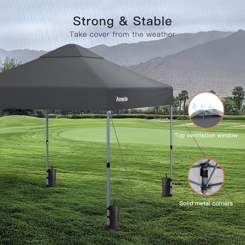 Amada 10x10 Pop Up Canopy Tent, 1-Button Push Easy-up Outdoor Canopy Beach Tent with 3-Height Adjustable Waterproof Shade Shelter, Wheeled STO-N-Go Bag 8 Stakes, 4 SandBags (10×10ft, Dark Gray) - color: Dark Grey, size: 10x10ft