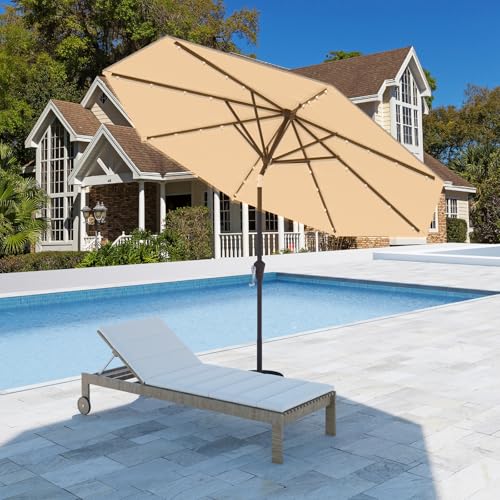 9FT Patio Umbrella with Solar Lights,Outdoor Market Umbrella with Tilt and Crank, LED Lighted Table Umbrella for Garden,Deck,Backyard,Pool,Beach (Khaki) - color: Khaki