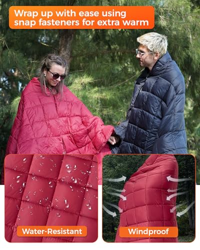 KingCamp Ultralight Camping Blanket, Packable Down Alternative Puffy Wearable Blankets Weatherproof Warm Package Quilt with Snap Buttons for Outdoor Hiking Travel Picnic Stadium (78.7" L x 56.7" W) - color: Puretrail-grid Red, size: 79" x 57"