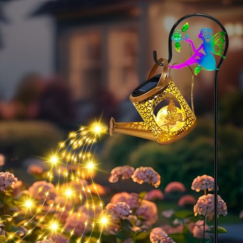Solar Lights Garden Decorative, Solar Watering Can with Cascading Lights, Waterproof Metal Lantern with Fairy Shepherd Hook, Outdoor Decor for Yard, Patio, Gifts for Mother's Day, Women Mom - color: Fairy Set, size: 1 Pack