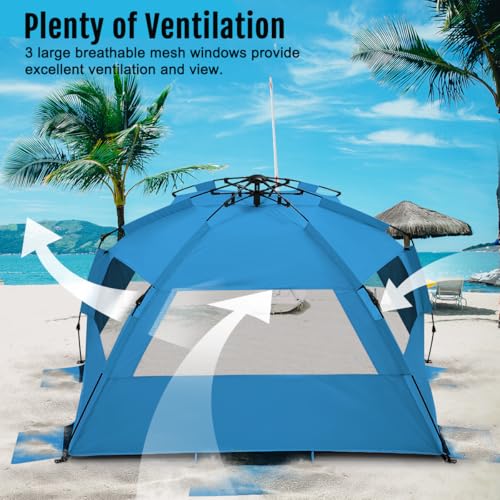 WhiteFang Deluxe Pop Up Beach Tent Sun Shade Shelter for 3-4/5-6 Person, UV Protection, Extendable Floor with 3 Ventilating Windows Plus Carrying Bag, Stakes, and Guy Lines - color: Blackout Shelter-Solid Blue, size: X-Large