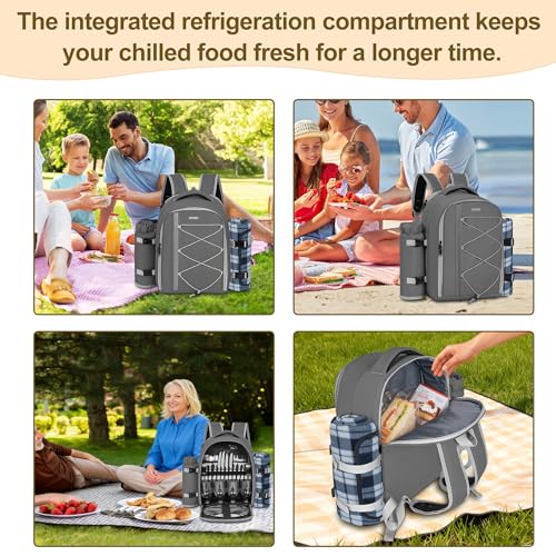 Picnic Backpack for 4 Persons with Insulated Leakproof Cooler Compartment, Cutlery Sets, Wine Holder, Fleece Blanket, Wedding Gifts for Couples, Perfect for Beach, Camping, Hiking, Grey - color: Gray