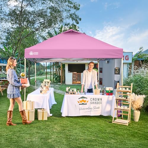 CROWN SHADES Canopy Tent, 10 x 10 Foot Portable Pop Up Outdoor Shelter with Pocket Sidewall, Push Center Lock, UV Protection, and Carry Bag, Pink - color: Pink