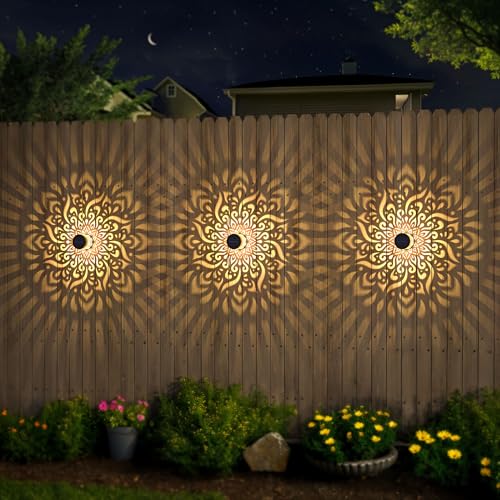 4 Pack Large Solar Fence Lights Metal Solar Powered Outdoor Wall Deck Step Lights Mandala Theme Waterproof Fence Light for Garden Post Patio Backyard Yard Decor, Gardening Gifts for Women Mom Grandma - color: Mandala-L, size: 4 Pack