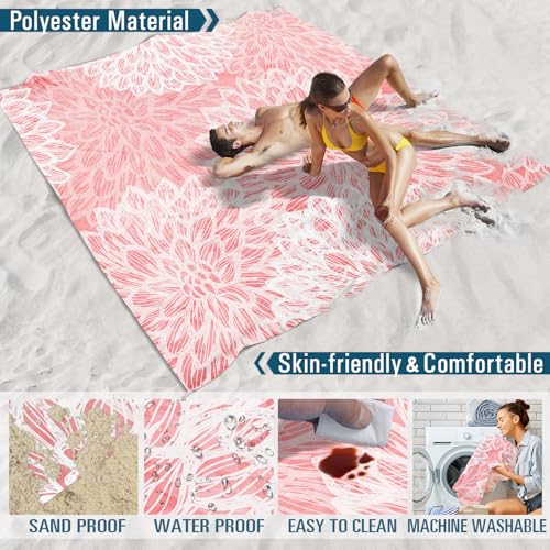 Beach Blanket Waterproof Sandproof Oversized 78''×81'' Suits 1-5 Adults Lightweight Large Picnic Mat Sand-Free Beach Blanket for Travel Camping Hiking Picnic - color: Pink Flower, size: 78''x81''