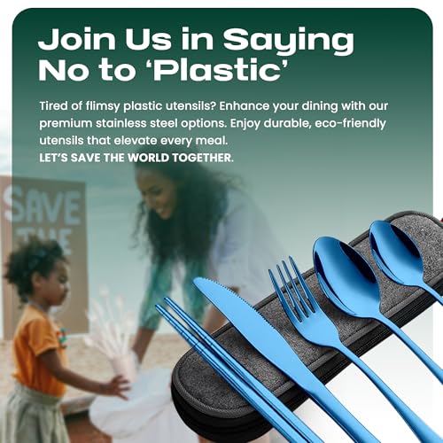 Taplord Portable Travel Silverware Set With Case, Includes 5 Pcs of Travel Utensils With Case, Stainless Steel Flatware Set For Camping, Easy to Travel, Lightweight (Blue) - color: Blue, size: 5 Pieces