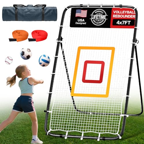 Volleyball Rebounder Net 7x4 Ft, 5-Angle Adjustable Rebounder Net for Practicing Digging, Setting, Spiking, Bounce Back Training Equipment with 2 Target Stripes & Portable Travel Bag for Storage - color: NET102-White Black