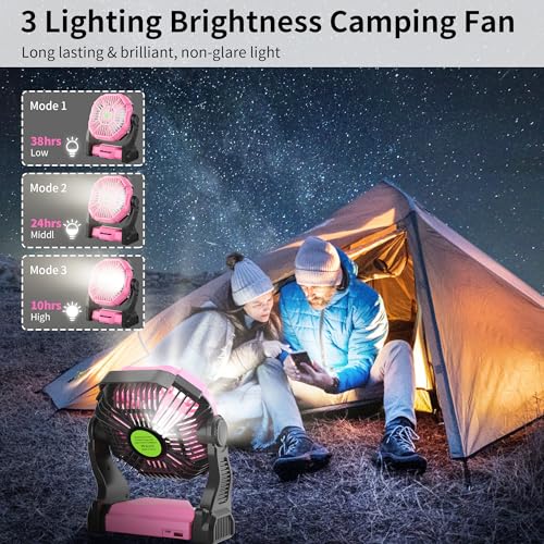 Portable Fan Rechargeable Camping Essentials, Cordless Camping Fan Battery Powered with Led Lights & 360°Hook, USB Battery Operated Fans for Women,4 Speeds Tent Portable for Traveling X23 Pink - color: Pink