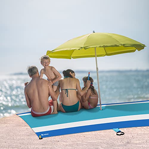 Blue Water-Resistant, Sandproof 10x9ft Beach Blanket with Umbrella Hole–Beach Mat, Compact and Lightweight, Stuff Sack, 4 Stakes, Sand Pockets, Works with Beach Canopies, Umbrellas, Kids Tents - color: Blue, size: 9x10